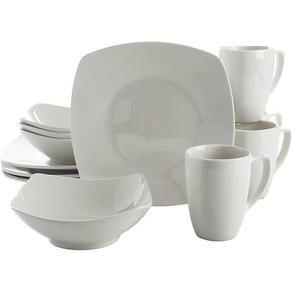 Open Box Gibson Zen 12 Piece Square Dinnerware Plate, Bowl, & Mug Set, White