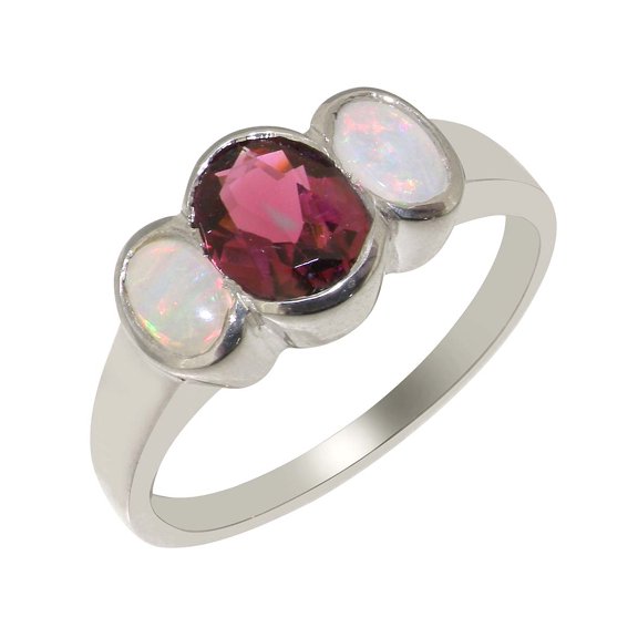 LBG British Made 925 Sterling Silver Natural Garnet & Opal Womens Anniversary Ring - 33 size options - Size 10