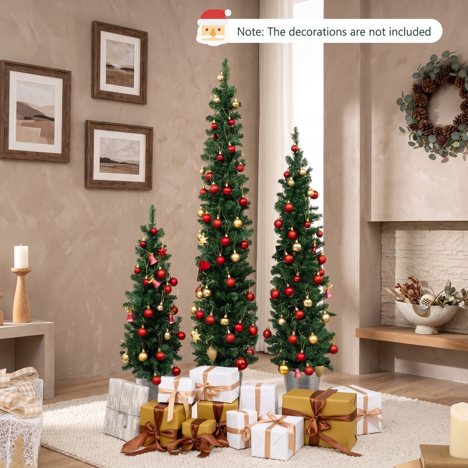 RUIE Set of 3 Pre-Lit Artificial Christmas Trees, 3 FT Tabletop Xmas Trees with 230 Warm White LED Lights, Auto Timer, Weighted Metal Base, PVC Holiday Decor, Green