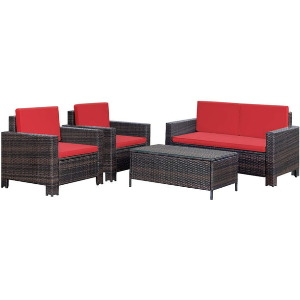 Walnew 4 Piece Wicker Outdoor Patio, Patio Sets With Red Cushions