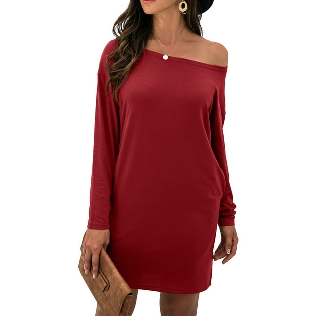 Vestido de mujer Sin tirantes de Manga larga suelto suave transpirable Agradable a la piel rojo vino M Ticfox
