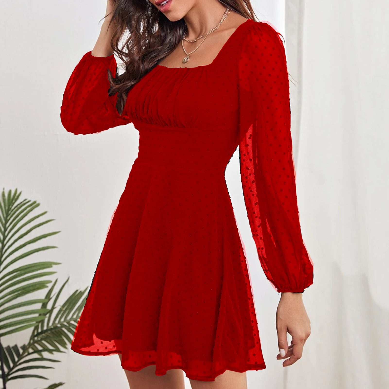Mesh Long Sleeve Dress High Waist Multi Layer Solid Color Dress Back Zip Design for Women Red S Walmart