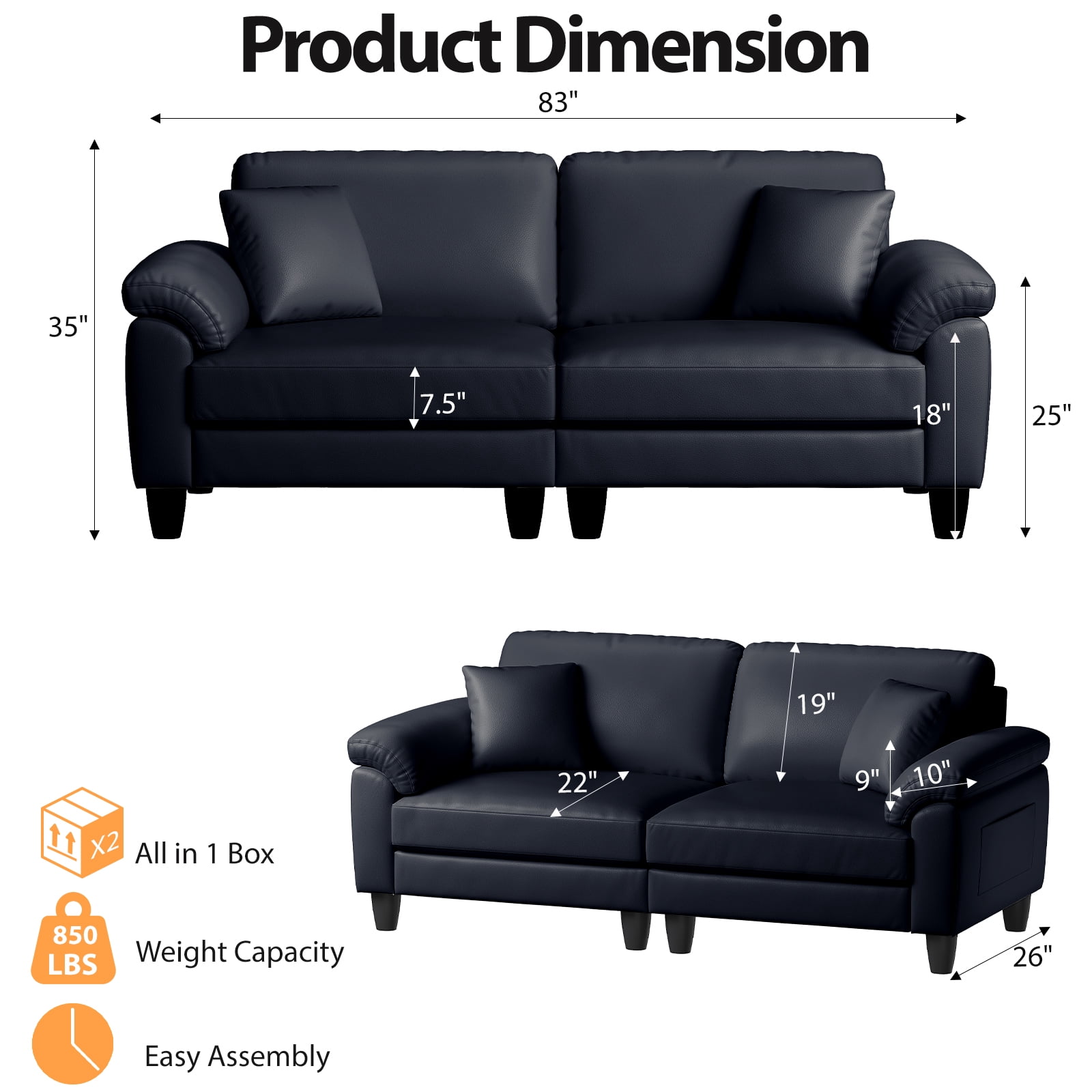 83" Couch Premium PU Leather Sofa, Deep Seat Oversized Loveseat for Living Room (Includes 2 Pillows), Navy