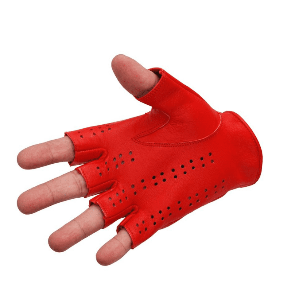 Driving Half Finger Finger less Knuckle Holes For Men Genuine Motorcycle Leather Gloves Red M