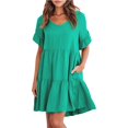 thumbnail image 2 of IDALL Summer Dresses,Casual Dresses Ladies Summer Casual V Neck Layered Ruffle Hem Pocket A Line Mini Swing Beach Short Sleeve Dress Petite Dresses,Modest Dresses,Womens Dresses Green Dress M, 2 of 6