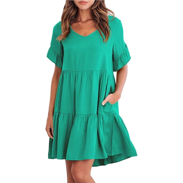 Plus Size Summer Dress for Women Casual V Neck Layered Ruffle Hem a Line Mini Swing Beach Short Sleeve Dress with Pockets