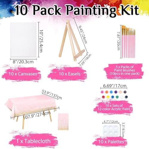 10 Pack 8 x 10In Canvas Boards and Easel Set Sip and Paint Kit for Adults Teens with Acrylic Paint 50 Brushes Art Painting Drawing Party Supplies$$Art & Craft