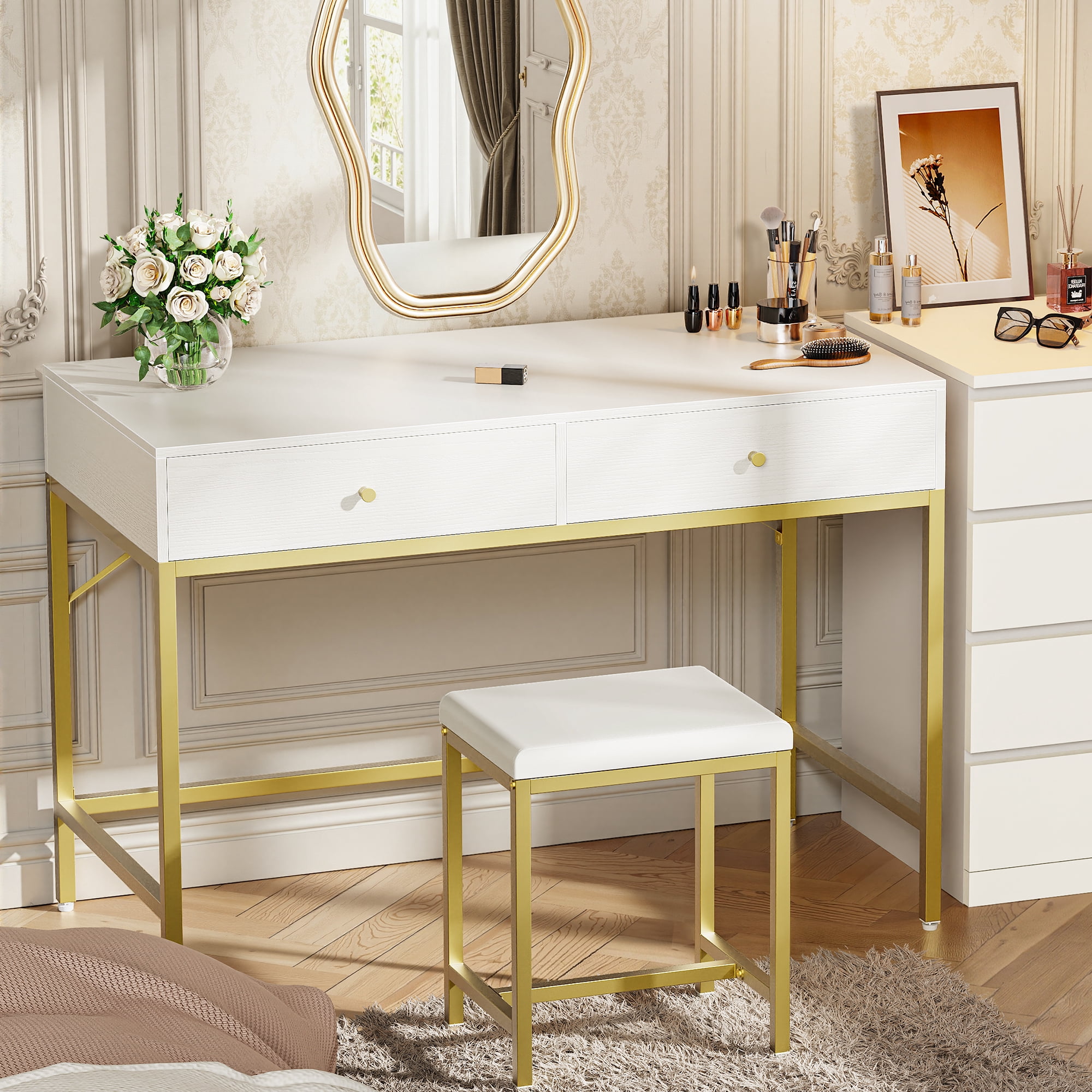 Amadwell 35.4 Inches White and Gold Desk with 2 Drawers, Vanity Desk with Padded Stool, Bedroom
