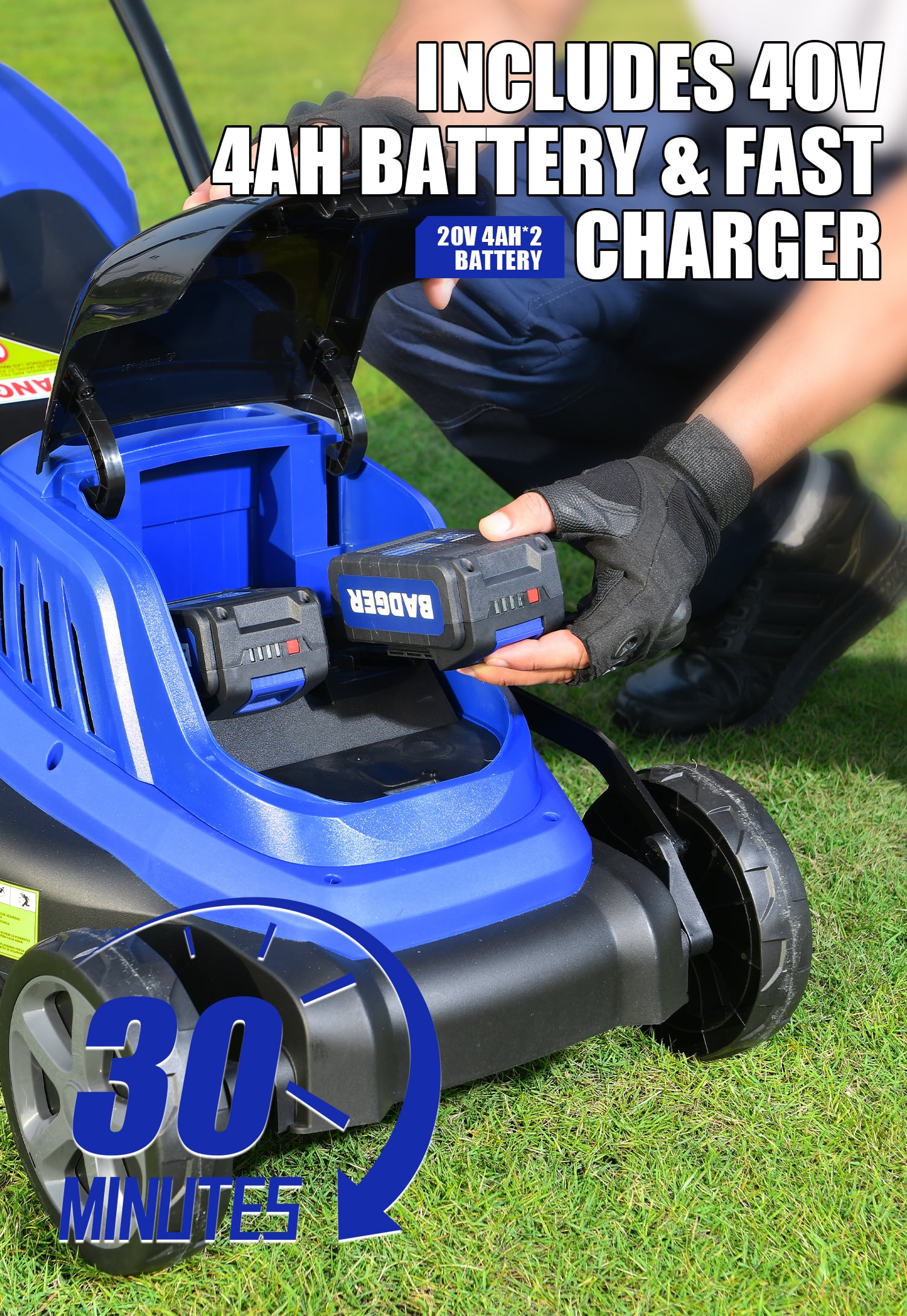 Wild Badger Power 40V 16″ Cordless Lawn Mower Brushless, 1,900 sq ft/0.044 ac,1×4.0Ah Battery & Fast Charger,  5-Position Height,for Small Residential Lawns