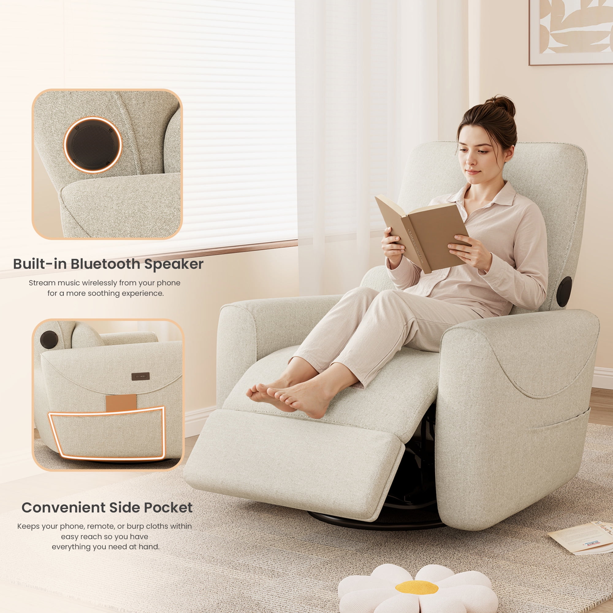 SERWALL Nursery Rocking Chair with 270° Swivel, Swiverl Glider Rocking Chair with USB-C Port & Speaker, Beige