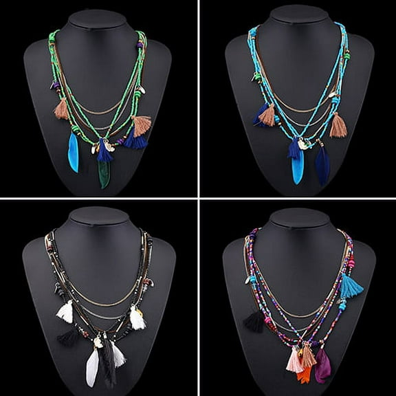 Jiaroswwei Women's Boho Ethnic Style Feathers Tassels Beads Multi-layer Chain Necklace
