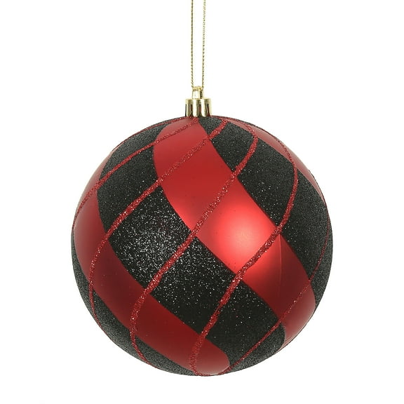 Vickerman 6" Red and Black Swirl Plaid Ball Ornament, with drilled and wired caps. Comes 2 per Box.