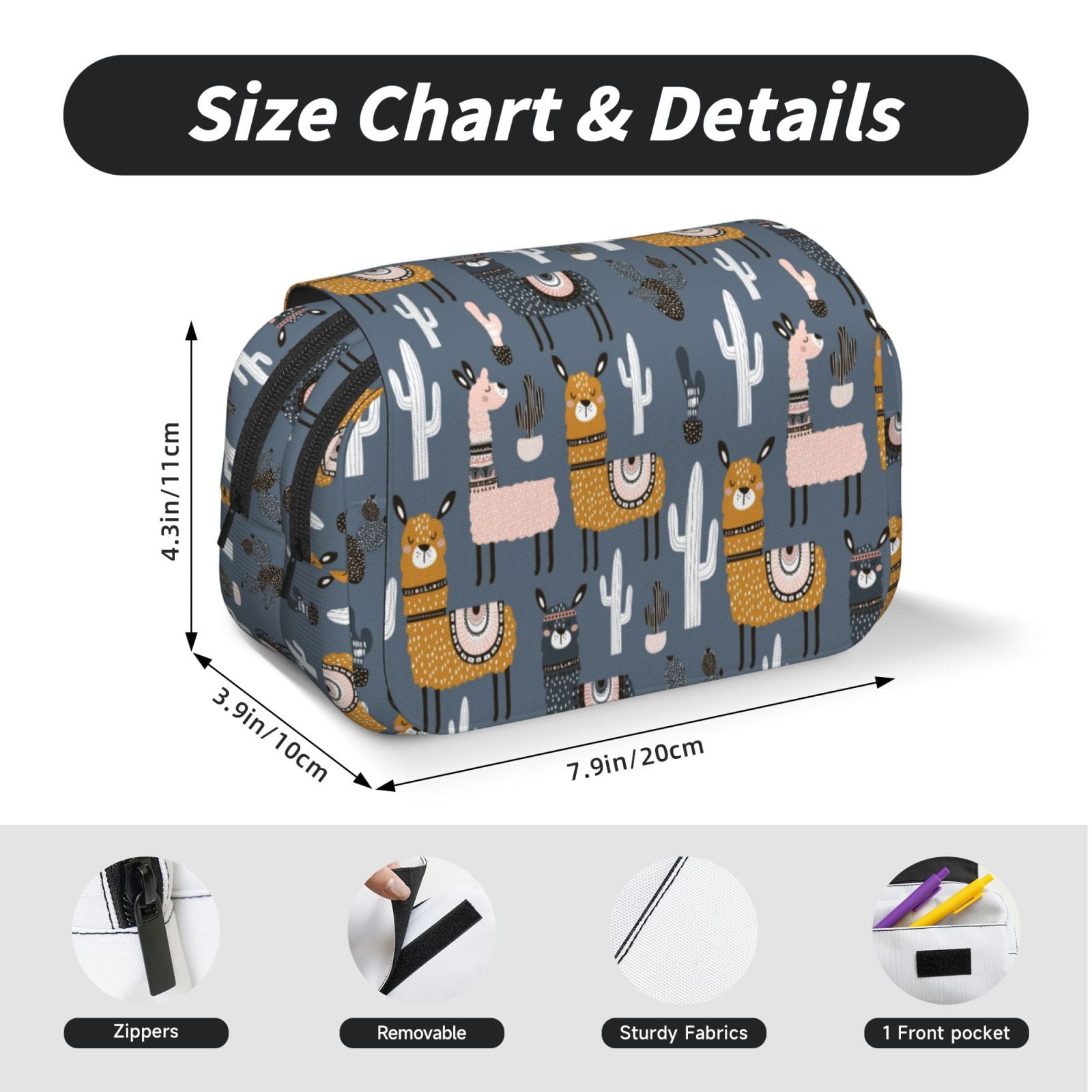 Rateoe Llama and Cactus Pattern Double Clamshell Pen Case, Storage Organizer with Two Zipper Compartments– Holds Up to 50 Pencils & Pens
