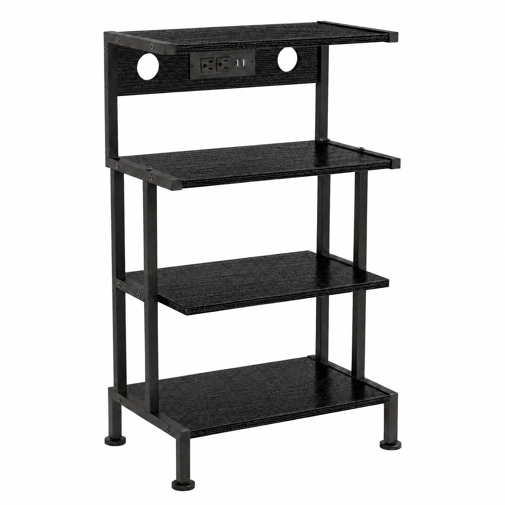 4-Tier Gaming Console Stand with Charging Station, AV Media Shelf with 3 Outlets and 2 USB for PS5 Xbox Switch, Black/Brown