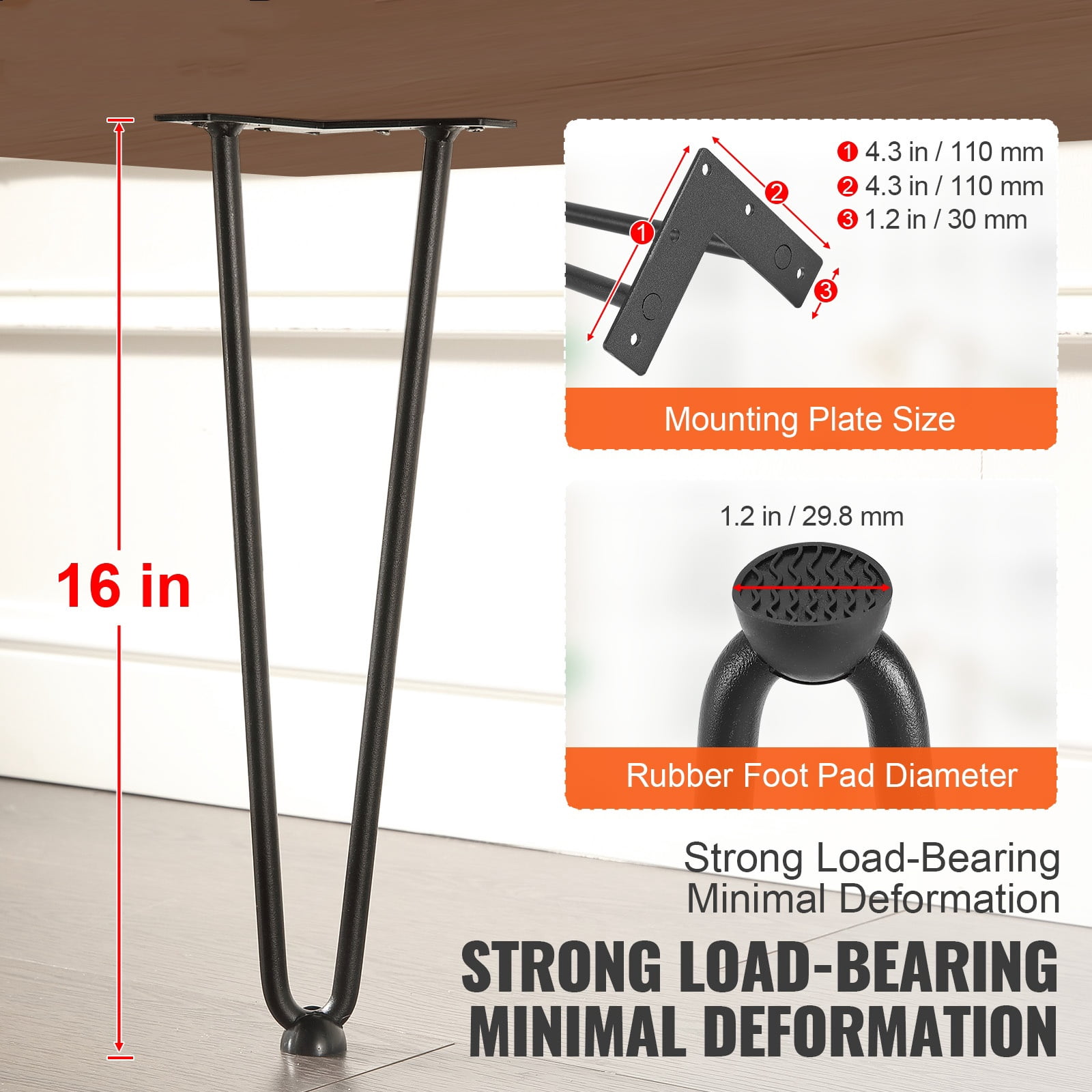 KFFKFF 16" Hairpin Furniture Legs ,4-Piece Set Solid Metal Heavy Duty Dining Table Leg with Rubber Floor Protectors - Black