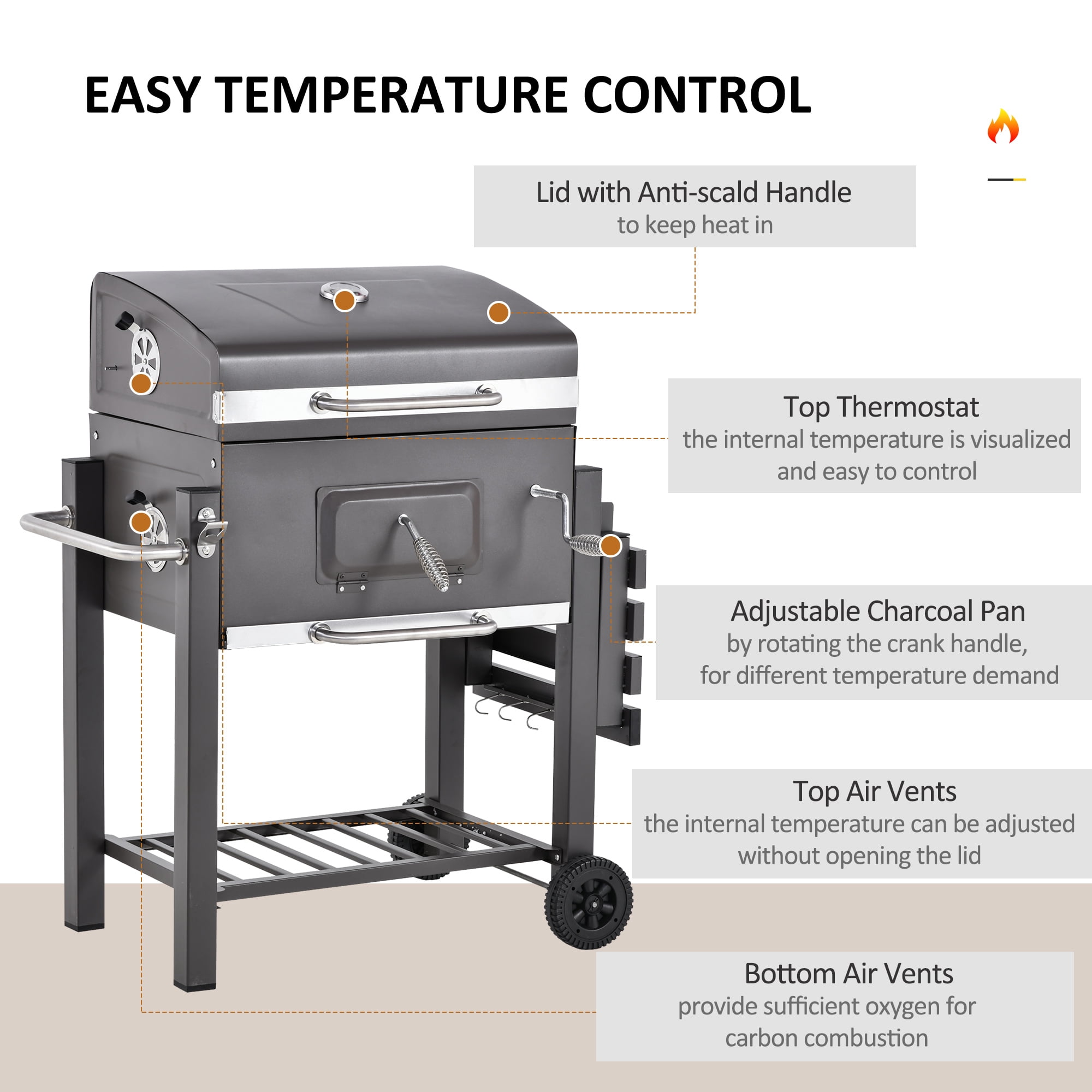 Outsunny Portable Charcoal Grill, Stainless Steel, Thermometer and Side Burner, Gray