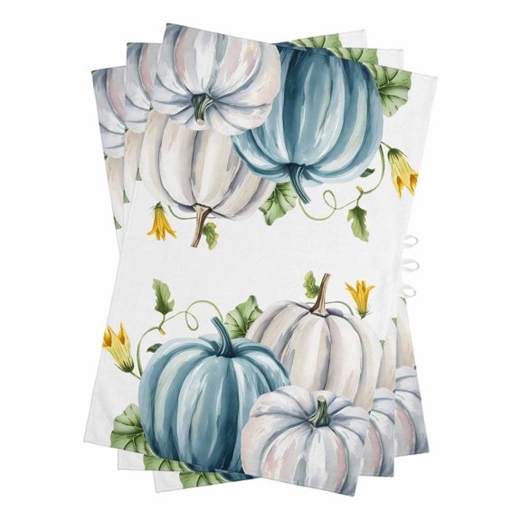 Blue White Pumpkins Kitchen Towels Set of 3, Water Absorbent Dish Towel, Thanksgiving Fall Botanical Decorative Hand Towels - Quick Drying Cloth for Cooking Baking, 18x28 Inch