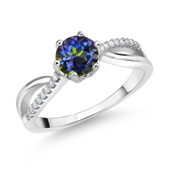 Gem Stone King 925 Sterling Silver Ring Round Mystic Topaz and Moissanite (1.08 Cttw) (Size 8)