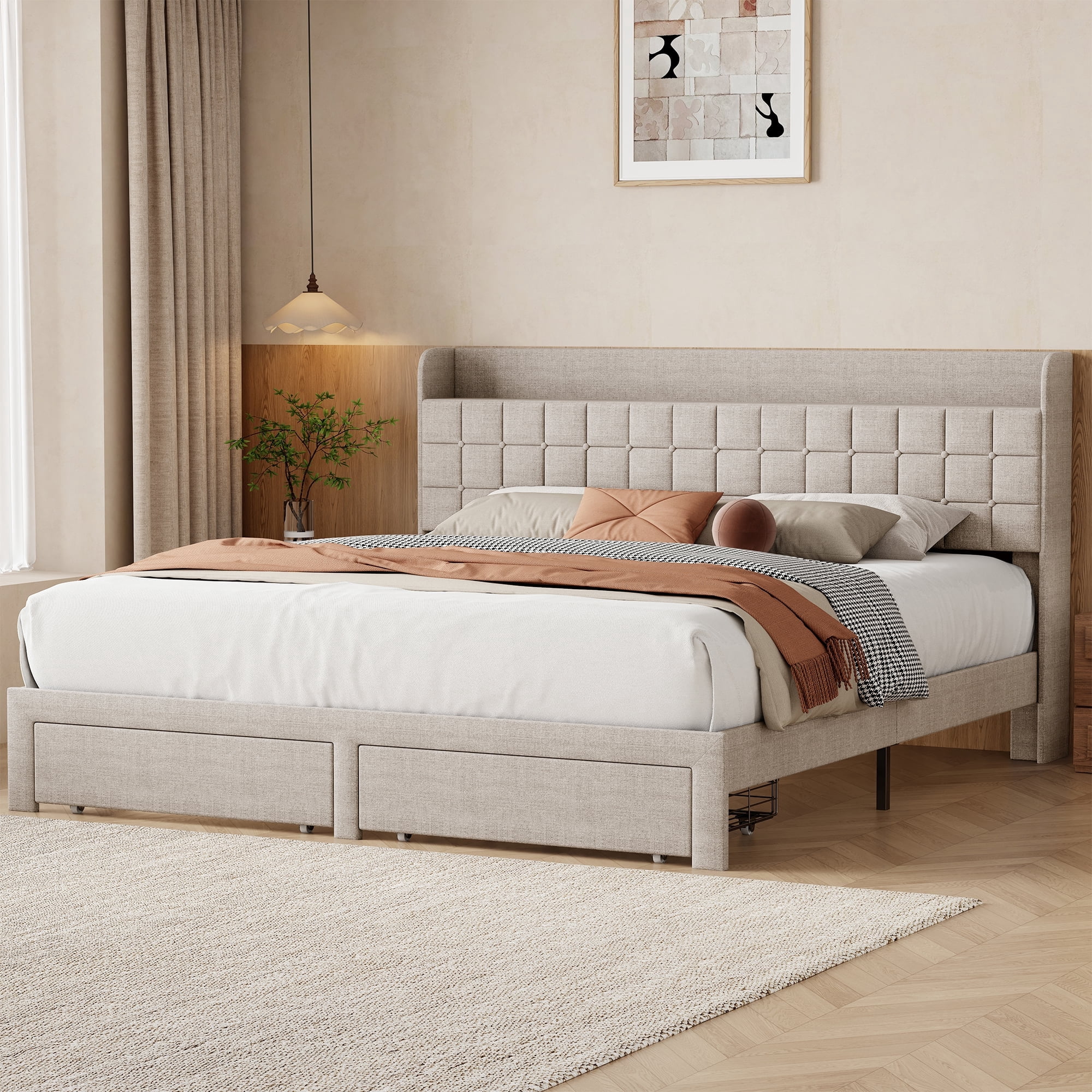 EDX King Upholstered Platform Bed Frame with Storage Drawers and Fabric Headboard, Steel Support Frame, Beige