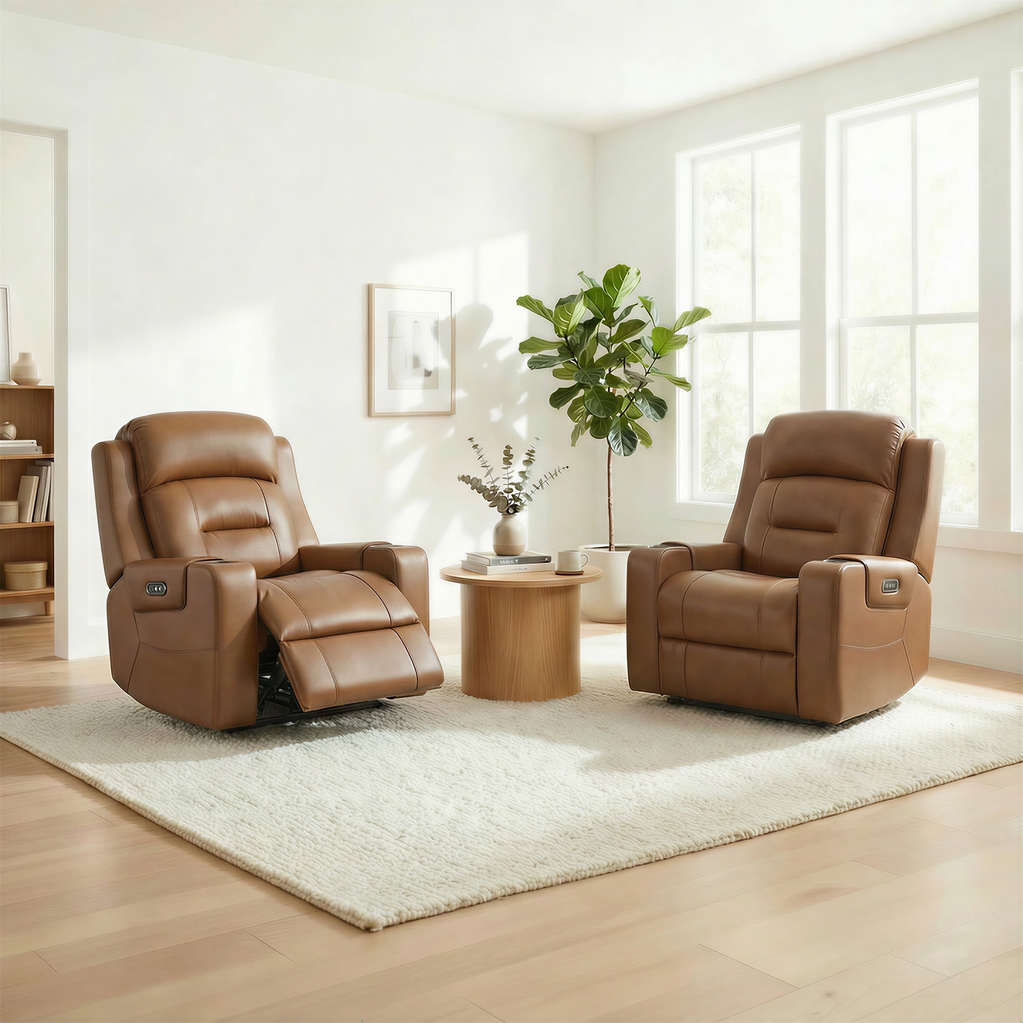 Spruce & Spring Lay-Flat Genuine Leather Power Recliner Chair with Headrest, Saddle