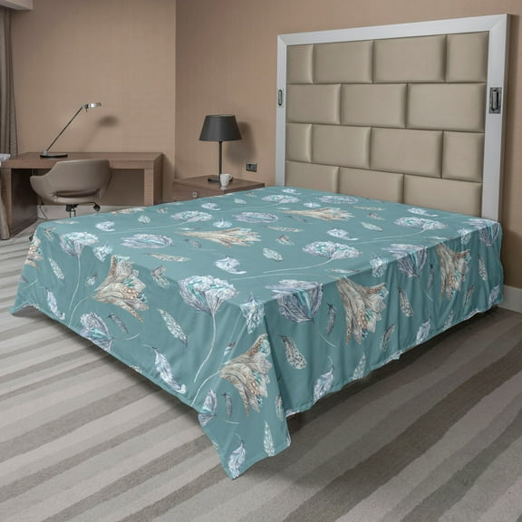 Ambesonne Floral Flat Bedding Sheet Soft Top Sheet, Boho Watercolor Flowers Art, California King, Petrol Blue Pale Seafoam