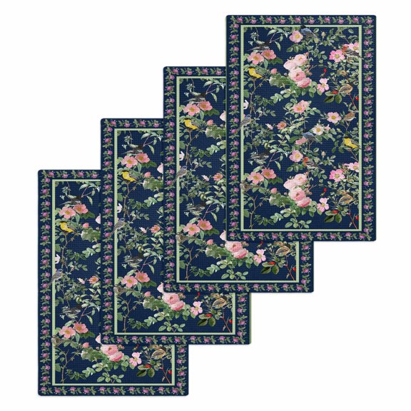Navy Blue Flowers Kitchen Dish Towels for Drying Dishes Set of 4, Spring Floral Elegant Pastoral Botanical Waffle Weave Microfiber Hand Tea Bathroom Towels Quick Dry & Absorbent Towel 15.7x23.6