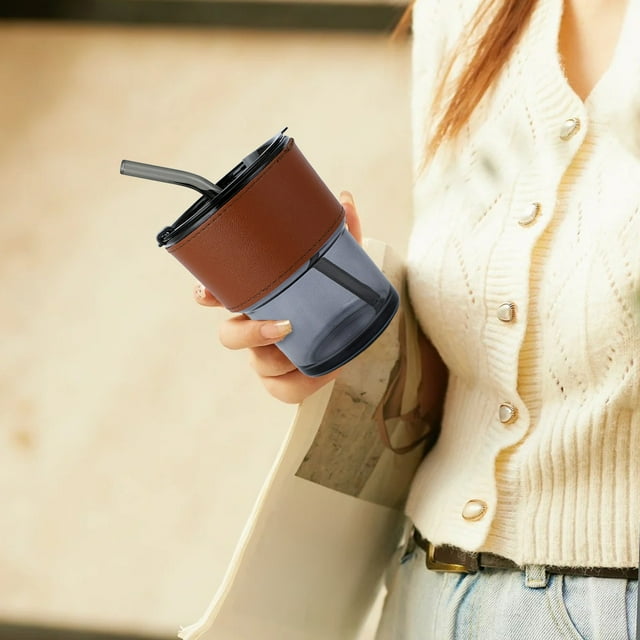 FcBaudy 420ml Office Covered Straw Cup Coffee Cup Transparent Household Glass Cup Glass coffee cup