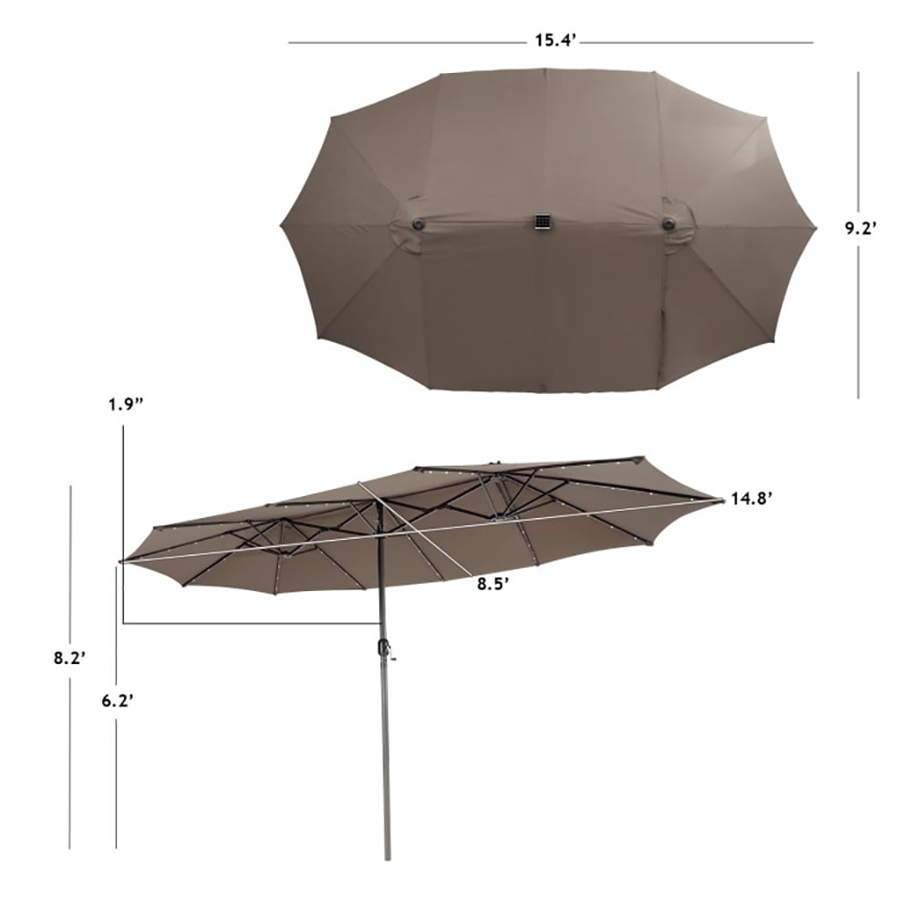 Aimee Lii 15 Feet Twin Patio Umbrella with 48 Solar LED Lights, Outdoor Umbrellas for Patio, Brown