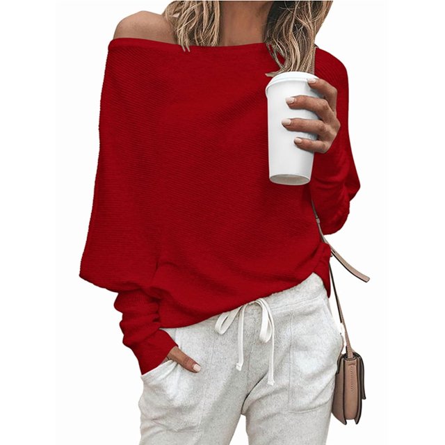 Suéter de Otoño para Mujer, Informal, de Larga Tipo Murciélago, Holgado, con Hombros Descubiertos, de Punto. Vino Tinto XXL