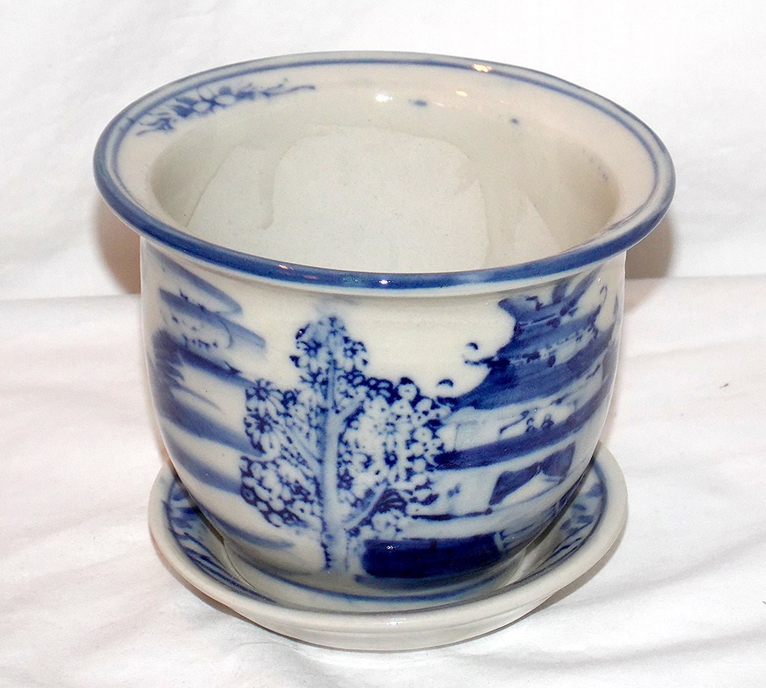 New 6.5" Oriental Asian Pagoda & Mountain Themed Blue & White Planter