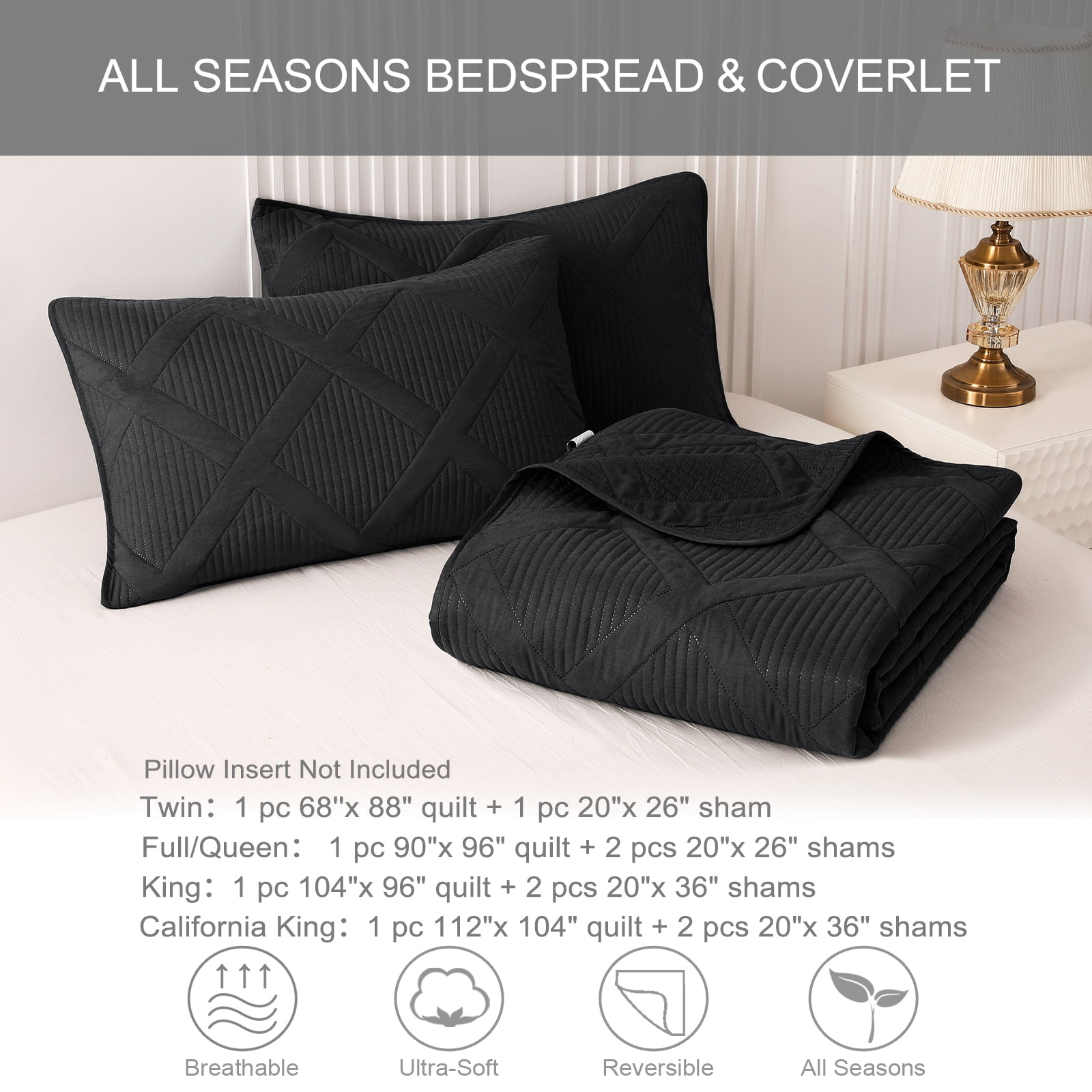 Exclusivo Mezcla Ultrasonic California King Quilt Set, 3-Piece Lightweight Bedspreads Modern Striped Coverlet, Black