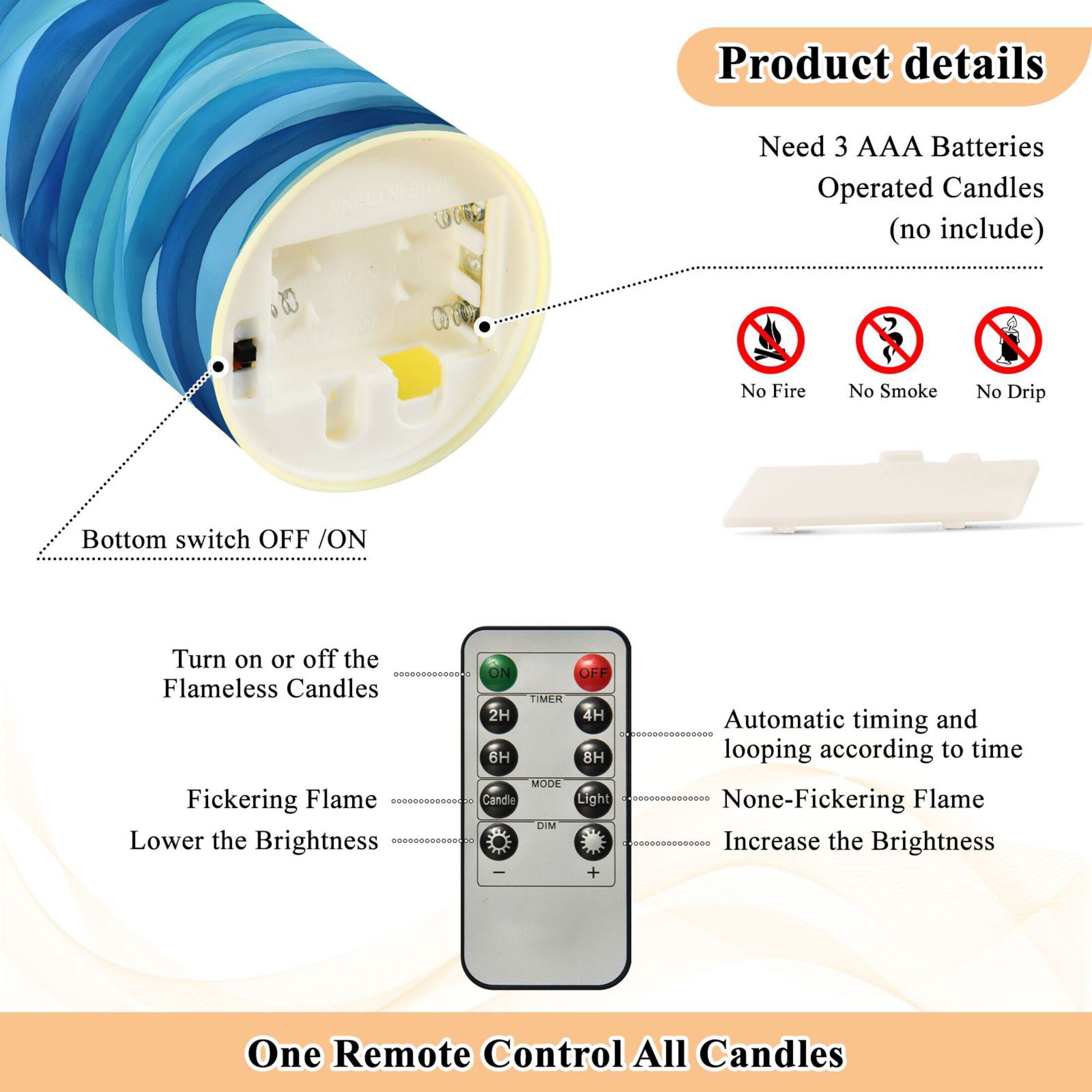 Blue Wavy Art Pattern Flameless Candles 2 PCS with Remote Realistic Moving Flame LED Tapered Pillar Set for Home Decor