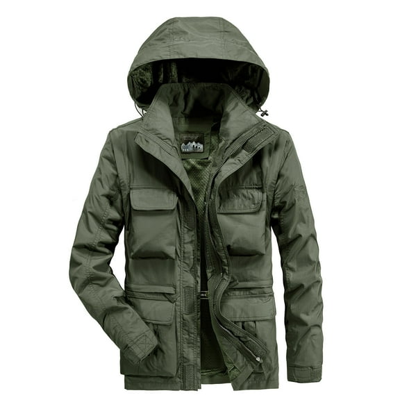 Quinlirra Winter Jackets for Men 4XL Men's Solid Color Baseball Suit Functional Multi Pocket Coat Three Coat Work Jacket