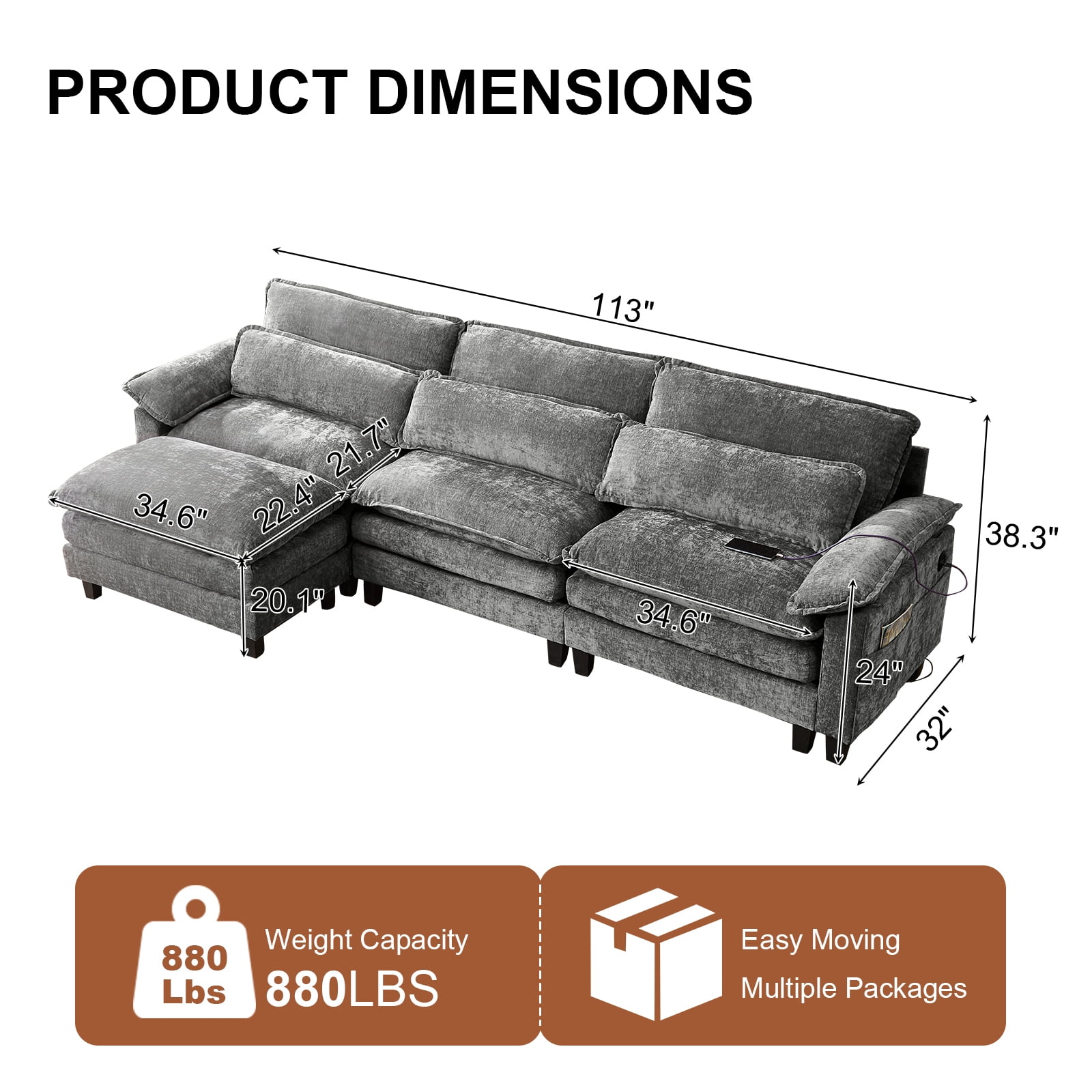 113'' Modular Sectional Sofa,L Shaped Couch with Movable Ottoman, Convertible Sectional Couches with Deep Seat, 3 Seat for Living Room Comfy Cloud Sofa with USB Side Pockets & Charging, (Grey)