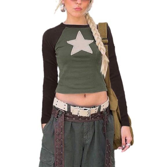 LMLYSoH Women T-shirt Long Sleeve Crew Neck Star Patchwork Slim Fit Fall Tops Streetwear