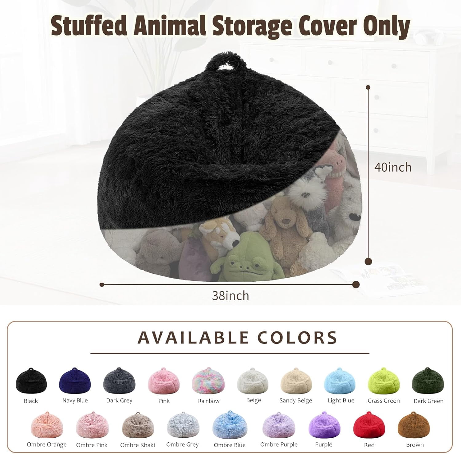 Bean Bag Cover (No Filler), Soft Faux Fur Stuffed Animal Bean Bag Storage, Fluffy Plush Bean Bag Chair Cover Washable, Comfy Bean Bag Covers for Adults Kids Teens, 38"x40" Black