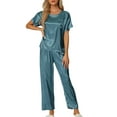 thumbnail image 2 of INSPIRE CHIC Women's Satin Pajamas Set Summer Outfits Short Sleeves Tops with Pants Silky Lounge Sets 2XL Peacock Blue, 2 of 6