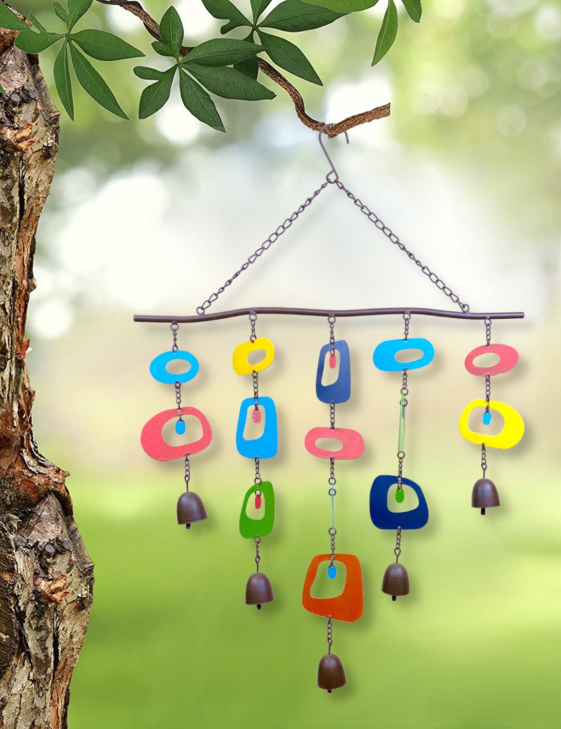 Colorful Wind Chime Bells for Outside – Geometric Metal Art Large Outdoor Hanging Mobile 20” Wide x 26” Long