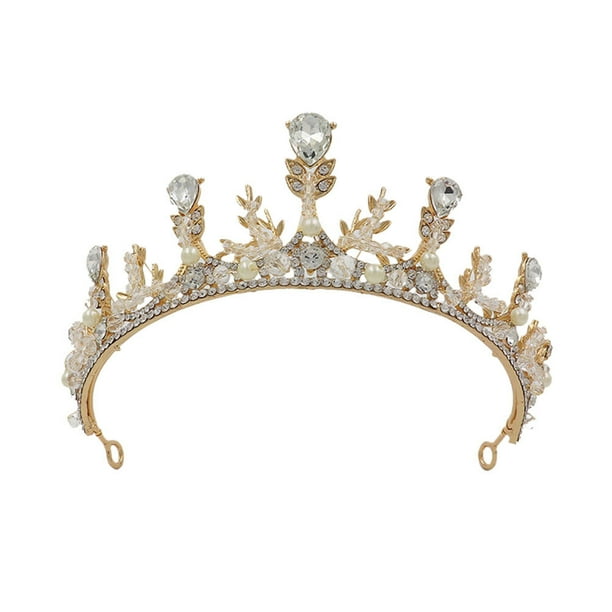 FELTECHELECTR Tiara dorada con corona de perlas y diamantes de imitación para novia, tocado de fiesta para boda, cumpleaños y banquete.
