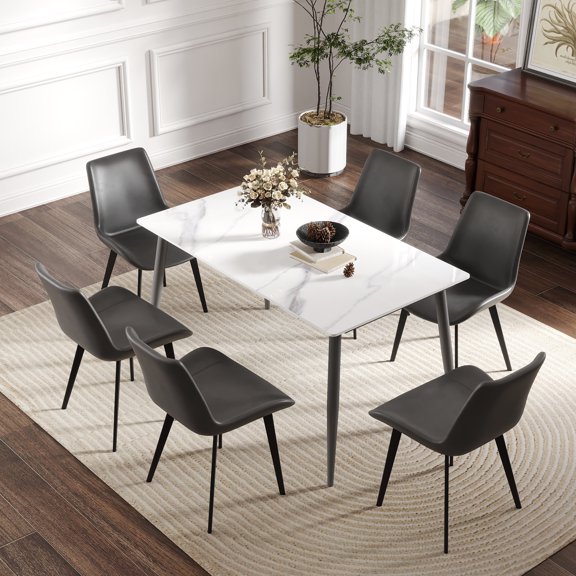 JUYG 55.12" Dining Table, White Stone Top, Dark Grey Legs, Seats 6