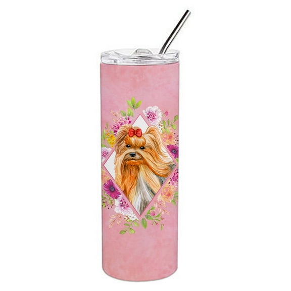 Carolines Treasures CK4195TBL20 Yorkshire Terrier Design2 Pink Flowers Stainless Steel 20 oz Skinny Tumbler 20 oz