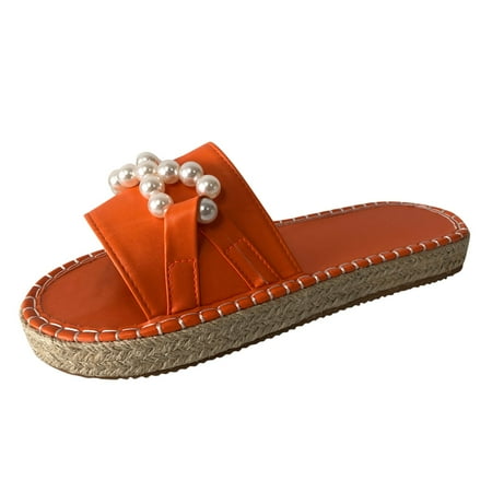 

Fashion Summer Women Sandals Large Size Thick Bottom Espadrille Open Toe Pearl Flat Roman Style Pu slipper for Women Orange
