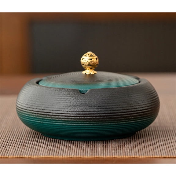 Outdoor Ashtray Ink Round Ashtray Household Ceramic Windproof With Lid Office Decorative- gradient green