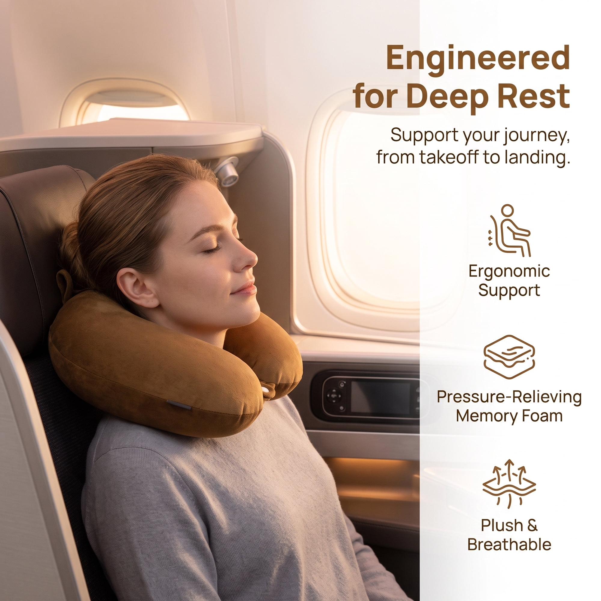 Unique Bargains Memory Foam Travel U Shape Neck Pillow Snap Closure Dark brown 12"x12"x4"