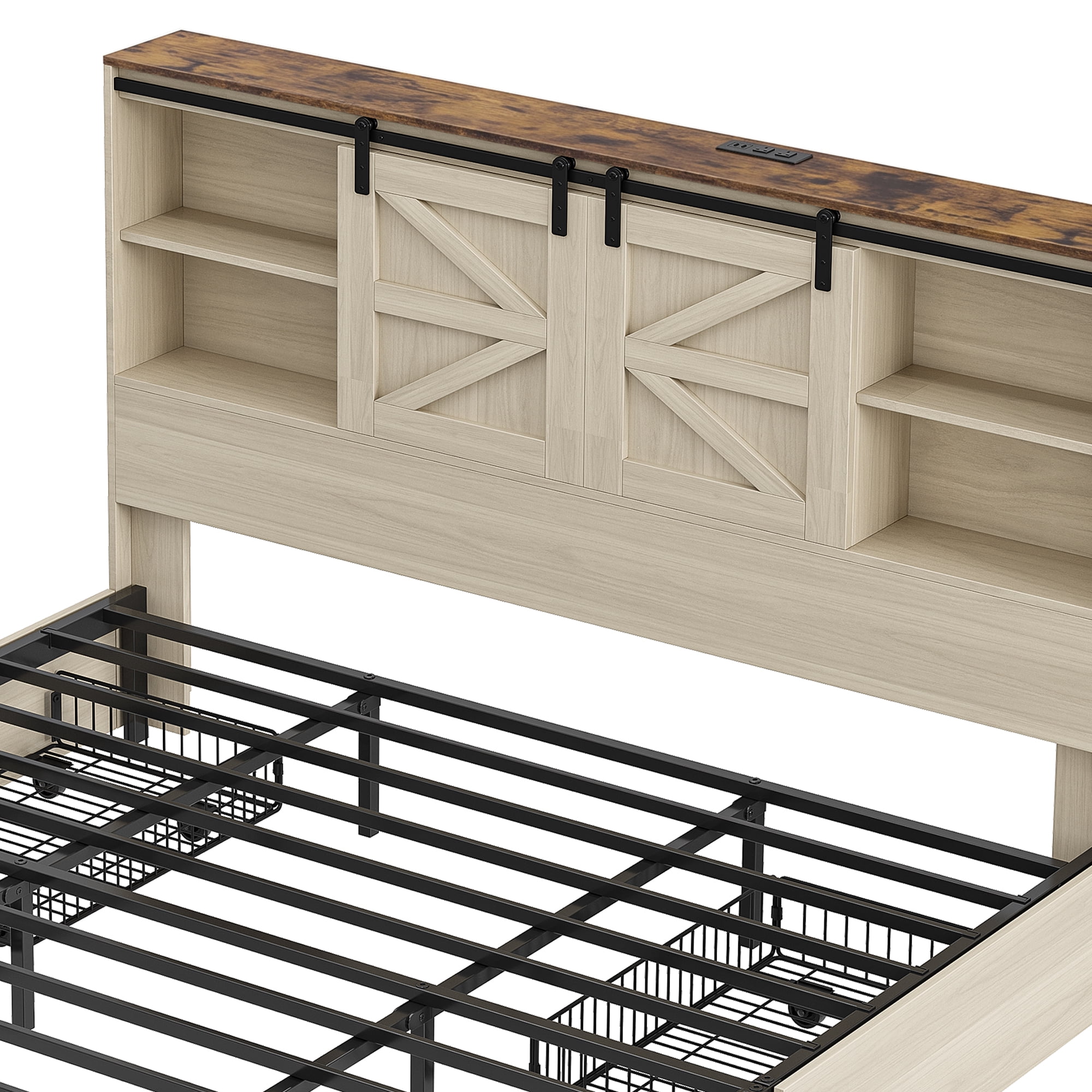 Uforic King Size Farmhouse Platform Bed Frame with Sliding Barn Door, 4 Wheeled Underbed Storage Drawers, No Box Spring Required, White