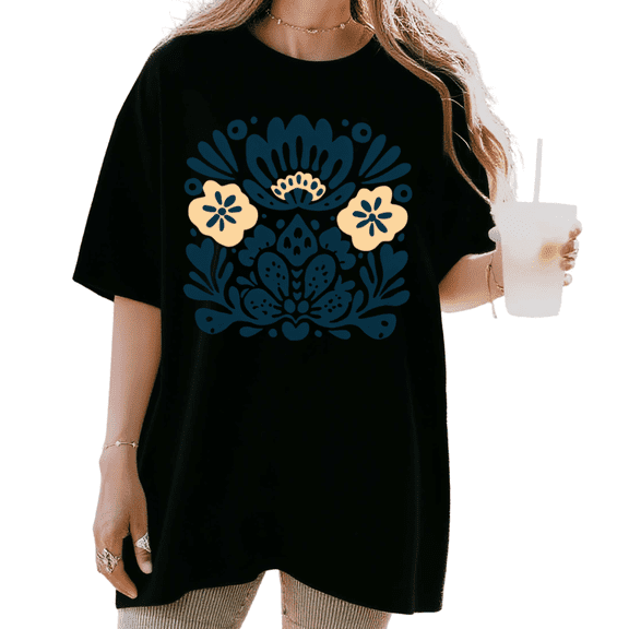 UNISHE Women's Mexican Talavera Folk Art Navy Cream Floral Graphic Short Sleeve T-Shirt Casual Crewneck Top