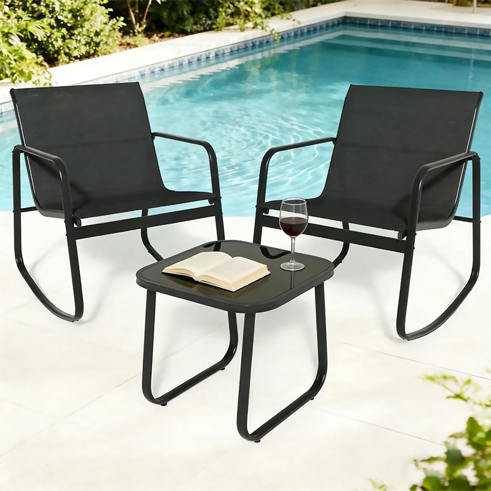 Casabay 3-Piece Outdoor Courtyard Furniture Set with Patio Chairs & Coffee Table, All Weather Outdoor Seating Breathable Fabric for Yard, Pool, Lawn, Black