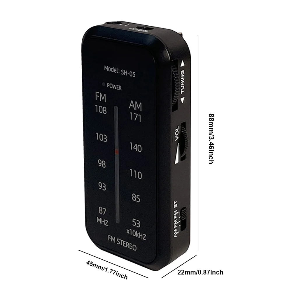 Accreate SH05 AM/FM Battery Powered Portable Pocket Radio with Headphone Jack, Black