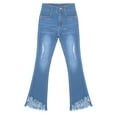 thumbnail image 3 of Rswnyirn Kids Girls Ripped Tassel Bell Bottom Jeans Wide Leg Distressed Denim Pants Flare Denim Light Blue 8, 3 of 6