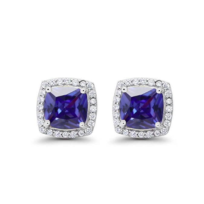 Paris Jewelry 18k White Gold 2 Ct Created Halo Princess Cut Blue Sapphire Stud Earrings